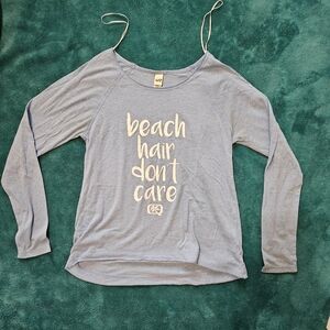 Relaxed Blue Long Sleeve Top with Beach Hair Print